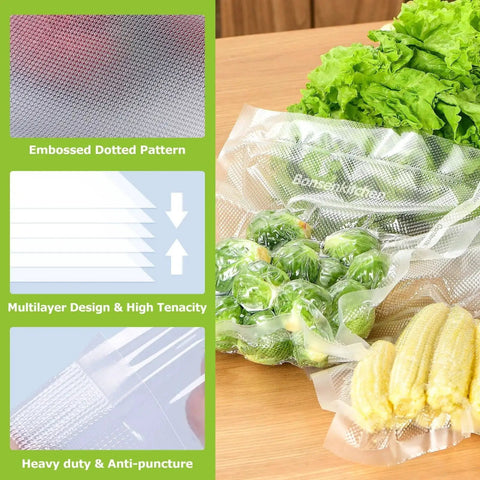 Commercial grade BPA free vacuum sealer bag rolls six pack includes three 11x20 inch rolls and three 8x20 inch rolls, shown with food