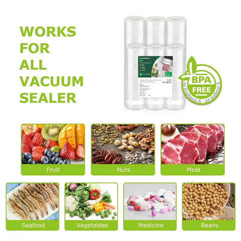 Commercial grade BPA free vacuum sealer bag rolls six pack includes three 11x20 inch rolls and three 8x20 inch rolls shown