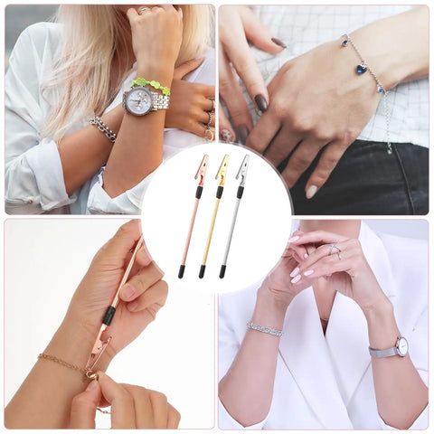 Collage of 3-Piece Bracelet Clasp Helper Tools Set for Easy Jewelry Fasteners, stainless steel clips for women, aiding bracelet wear.