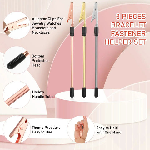 3-Piece Bracelet Clasp Helper Tools Set For Easy Jewelry Fasteners, Stainless Steel Clips For Women displayed on a stand