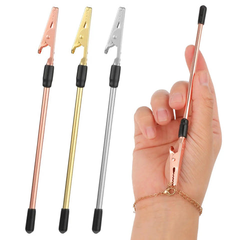 3-Piece Bracelet Clasp Helper Tools Set For Easy Jewelry Fasteners, featuring three stainless steel clips in hand, showing hassle-free use