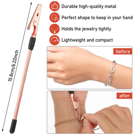 3-Piece Bracelet Clasp Helper Tools Set For Easy Jewelry Fasteners, Stainless Steel Clips, shown with hand use example