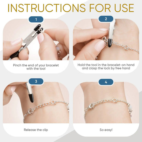 Instructions on using Bracelet Fastener Helper Tool For Easy On Jewelry Clasp Clip For Bracelets Necklaces And Watches Portable Metal Silver Life Saver No Slip Grip And User Friendly Design.