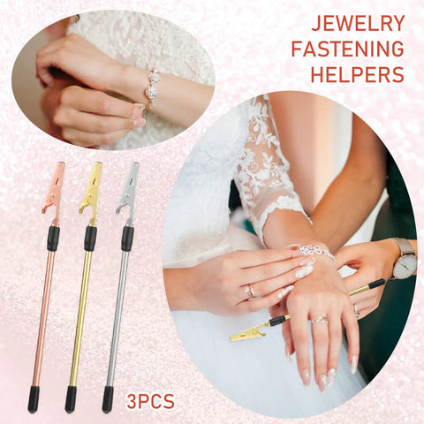 3-Piece Bracelet Clasp Helper Tools Set For Easy Jewelry Fasteners, Stainless Steel Clips For Women demonstrating use.