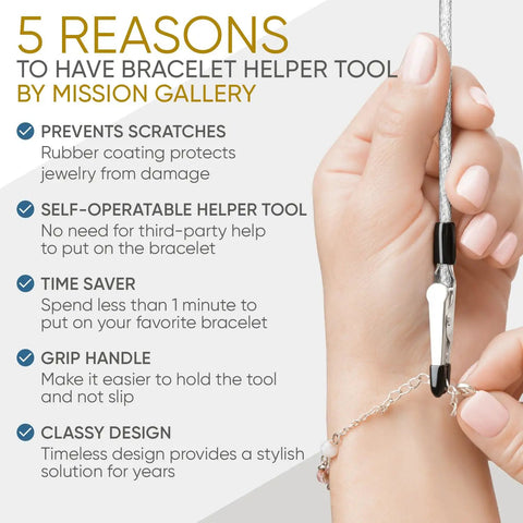 Hand using Bracelet Fastener Helper Tool For Easy On Jewelry Clasp Clip For Bracelets Necklaces And Watches Portable Metal Silver Life Saver No Slip Grip And User Friendly Design