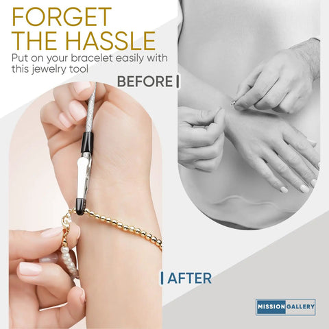 Bracelet Fastener Helper Tool For Easy On Jewelry Clasp Clip For Bracelets Necklaces And Watches Portable Metal Silver Life Saver No Slip Grip And User Friendly Design in use with bracelet.