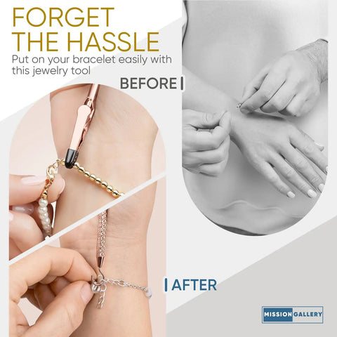 Bracelet Fastener Helper Tool With Hook For Bracelet Necklace Jewelry And Watch Clasp Clip Grab And Go Portable Easy To Use No Slip Grip Made Of Durable Metal With Rose Finish used to fasten a bracelet on wrist