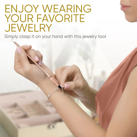 Woman using Bracelet Fastener Helper Tool With Hook For Bracelet Necklace Jewelry And Watch Clasp Clip Grab And Go Portable Easy To Use No Slip Grip Made Of Durable Metal With Rose Finish to fasten bracelet.