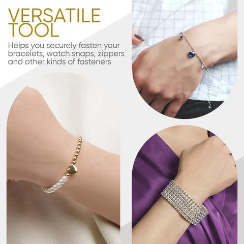 Women wearing bracelets with Bracelet Fastener Helper Tool With Hook For Bracelet Necklace Jewelry And Watch Clasp Clip Grab