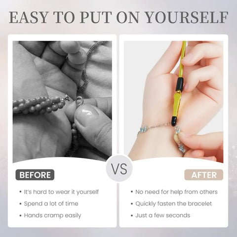 Comparison of using a Two Pack Bracelet Helper Tool Set With Non Slip Tips For One Handed Clasping Easy To Put On Yourself Jewelry Fastener for necklace and bracelet on hands, before and after