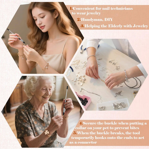 People using Two Pack Bracelet Helper Tools for easy one-handed jewelry on and off with portable clip and hook fasteners.