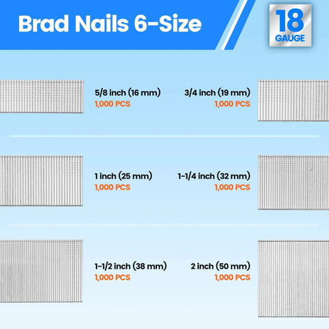 18 Gauge Brad Nails, Assorted 6 Sizes (5/8", 3/4", 1", 1-1/4", 1-1/2", 2-Inch) displayed, galvanized finishing nails