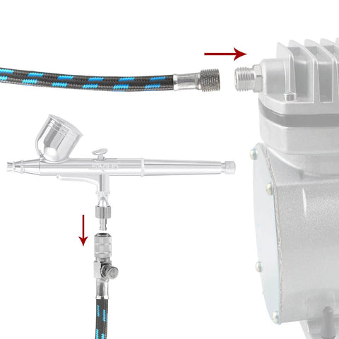Six Foot Braided Airbrush Hose With Nylon Exterior And Rubber Inner One Eighth Inch Fittings On Both Ends Quick Release Disconnect Coupler Pro Grade Durable For Fine Detail Painting And Leak Free Performance