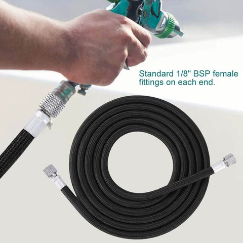 Airbrush Hose With Adapter Kit 6ft Braided Hose Quick Release Couplers Brass Adapters 1/8 Inch And 1/4 Inch Teflon Seal Tape 12-Piece Universal Connection Set No Fuss For Any Compressor And Airbrush displayed coiled with fittings.