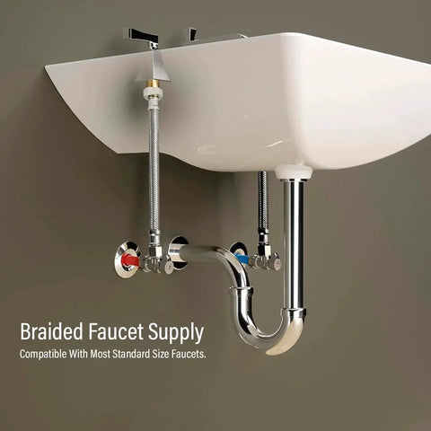 8 Inch Stainless Steel Faucet Connector Braided Brass Nuts One Half Inch IPS To Three Eighths Inch Female Thread Compression Fitting Chrome Plated Lead Free Pack Of 2 Leak Resistant Easy Install For Toilet And Sink installed under a sink