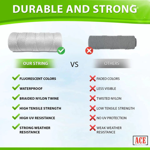 Comparison of braided nylon twine for gardening; our string features durable, waterproof, UV resistant properties vs others