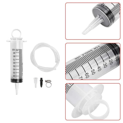 Brake Bleed Kit, Hydraulic Disc Clutches Bleeding Kit 100ML Syringe 50cm Hose, with accessories for motorcycle brake maintenance.