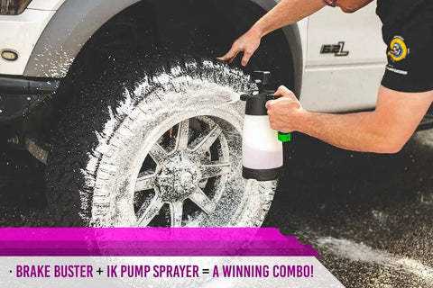 Person using Brake Buster Wheel Cleaner with non-acid formula on vehicle wheel to remove brake dust and grime effectively.
