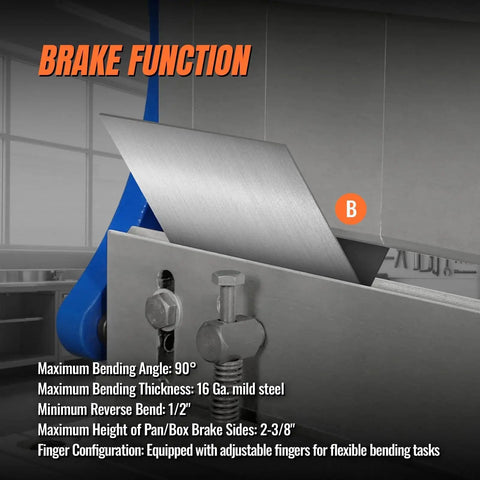 40 Inch Three In One Pan And Box Brake With Slip Roll Shear And Bending Functions For Sheet Metal 20 Gauge Mild Steel Heavy Duty Metalworking And Fabrication Roller And Bender Model MMCB4020 showing brake function with 90 degree bending angle for metal sheets.