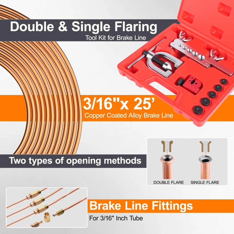 Three Sixteenth Inch Brake Line Repair Kit Pro Grade With Double And Single Flaring Tool Two Twenty Five Foot Three Sixteenth Inch Brake Lines One Hundred Fittings With Eight Unions Included And A Built In Brake Line Bender For Auto DIY And Pro Projects with flaring tool and brake line fittings displayed.