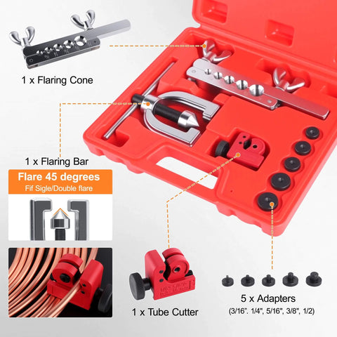 Three Sixteenth Inch Brake Line Repair Kit Pro Grade With Double And Single Flaring Tool in red carrying case with accessories