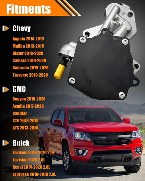 Built To Last Brake Vacuum Pump Replacement OEM 12686657 For Chevy Impala 2014 2019 shown with compatible vehicles list and red truck