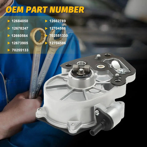 Premium Brake Vacuum Pump Replacement For GM Vehicles, with OEM Part Numbers 12684050, 12662789, displayed against tools.