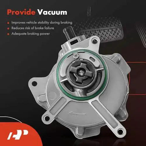 Premium Brake Vacuum Pump APremium For VW And Audi Vehicles with O Ring for Easy Install shown with benefits listed