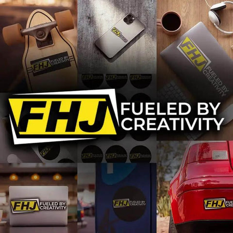 Collage of FHJ Fueled by Creativity logo stickers on gadgets, car, and skateboard.