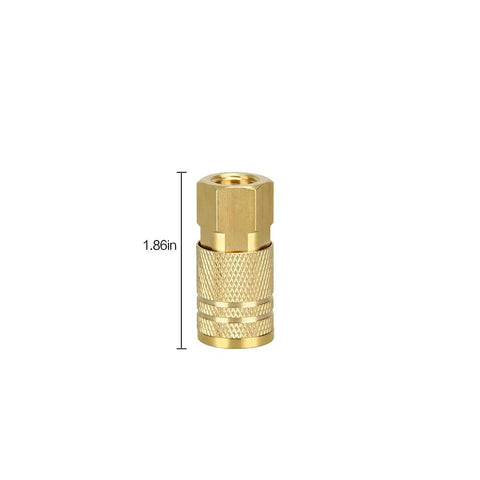 Single brass 1/4 inch NPT air coupler from the 5 pack quick connect fittings set with measurement, for pneumatic systems.