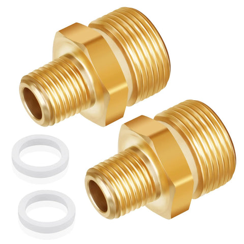 Brass Boltigen M22 high-pressure washer adapters, pair, 1/4-in NPT male x M22-14 male, with two white washers.