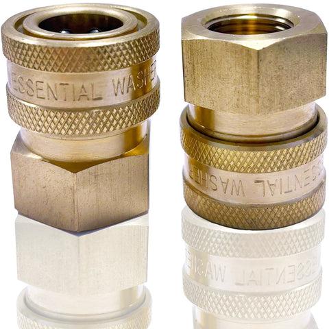 Two brass 3/8 in female quick-connect pressure washer couplers with knurled grips and NPT threads.