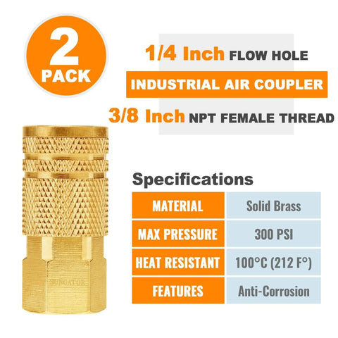 2 Pack 3/8 Inch Female NPT Air Hose Fittings Brass 3/8 FNPT To 1/4 Flow Hole M-Style Pneumatic Quick Connect Couplers