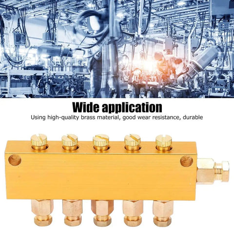 Adjustable Brass Oil Distributor Five By Six Way Manifold For Centralized Lubrication Systems shown in an industrial setting