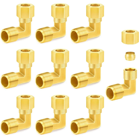Brass compression elbow fittings, 3/16 in OD x 1/8 in NPT male, 90-degree elbow, 10-pack