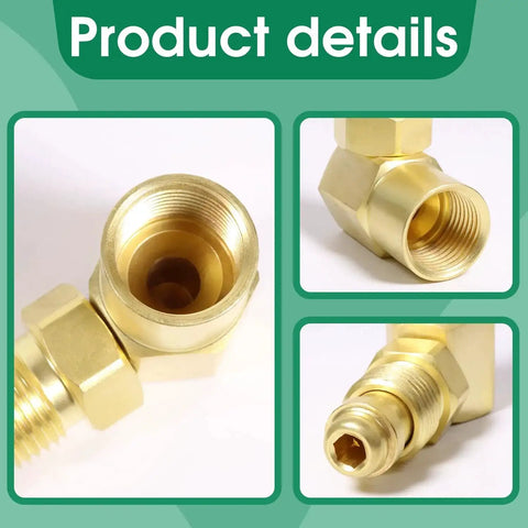 90 Degree CGA 032 Nut NIP 032 Body Argon Welder Connector Elbow in brass, multiple views, for TIG and MIG welders.