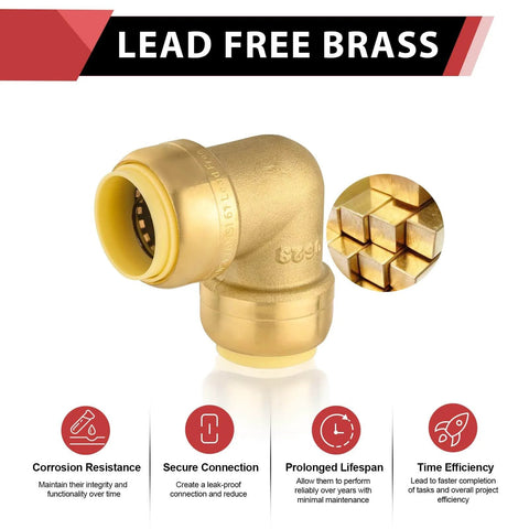 Pack Of Two Go-To Three Quarter Inch 90 Degree Push Fit Brass Elbow Fittings For Copper PEX CPVC And PE-RT Pipes With Clip