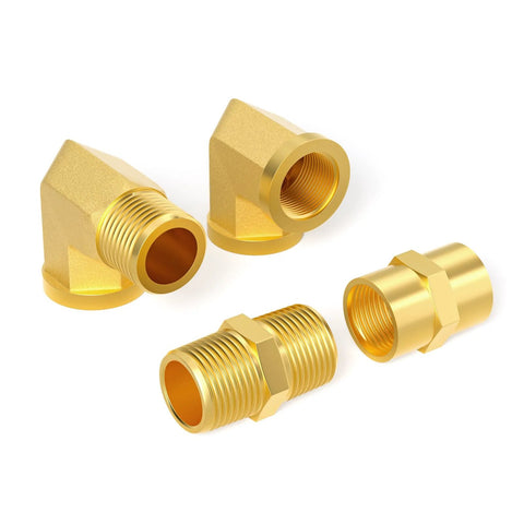 Four brass 1/4 in NPT pipe fittings including 90-degree elbow, hex nipples and hex coupling