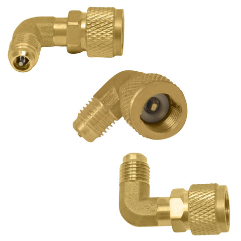 Leak Saver AC Leak Sealer Injector Hose fittings, three brass 90-degree elbow connectors with knurled compression nuts