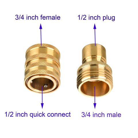 Two brass pressure washer adapters: 3/4 in female with 1/2 in quick-connect and 3/4 in male with 1/2 in plug.