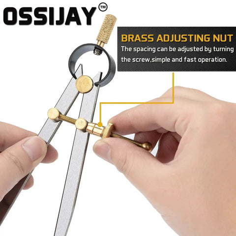 Hands adjusting brass nut on Adjustable Lockable Spring Wing Divider Calipers Set Includes 6 Inch and 8 Inch Steel Leather Compass Creaser.
