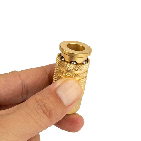 Close-up of 1/4-Inch Quick Connect Fittings Set For Air Compressors - Brass Air Coupler with knurled sleeve in hand