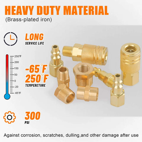 Must Have Pro Grade 12 Piece Air Compressor Accessories Kit With Six Foot Hybrid Hose And Quick Connect Fittings, brass-plated iron fittings, temperature and PSI details.