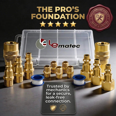 15-Piece Air Compressor Fittings Kit With 1/4 NPT Quick Connects and Solid Brass Connectors displayed with storage case and Teflon tape