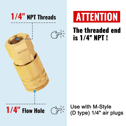 Image of Two Pack One Quarter Inch NPT Female Quick Connect Air Fittings Brass Industrial Couplers With Six Ball Bearings For Secure Hold And Leak Free Connection One Quarter Inch Air Line Compatible With M Style D Type Quick Connects Great For Home Shop showing side view and size details.