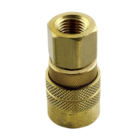 M-Style Quick Connect Air Coupler One Quarter Inch NPT Female Brass, Kwik-Change, heavy-duty pneumatic coupler front view