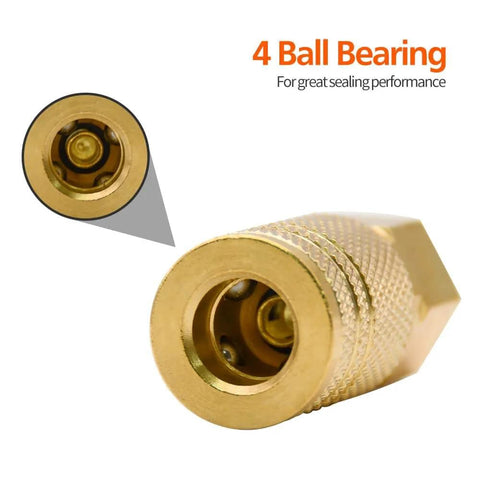 Close-up of 10 Pack 1/4-Inch Brass Female Industrial Couplers Quick Connectors showing 4 ball bearing design for air hose fittings.