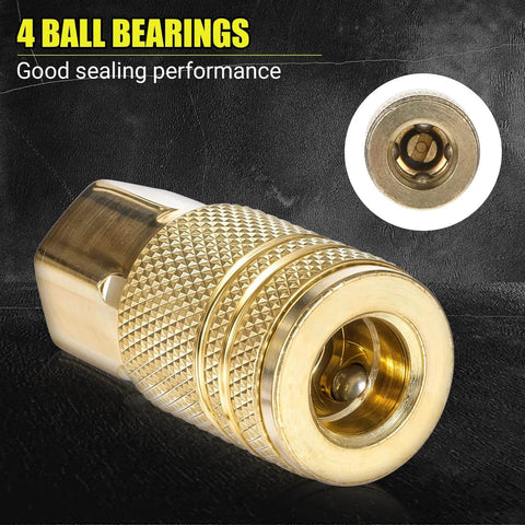 Close-up of 20 Pack One Quarter Inch Brass Female Industrial Couplers Bulk Kit For Air Hoses And Quick Connects, 300 PSI Max.