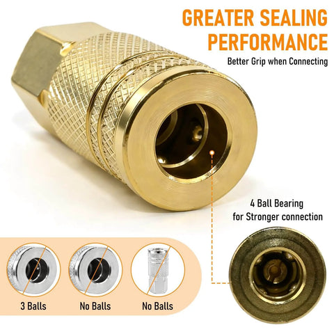 Close-up of 1/4 Inch Brass Female Industrial Air Coupler Quick Connect with knurled sleeve, showing 4-ball bearing design.