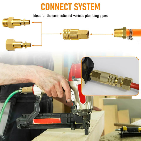 1/4 Inch Brass Female Industrial Air Coupler Quick Connect in use with power tool setup, showing brass fittings and connections.